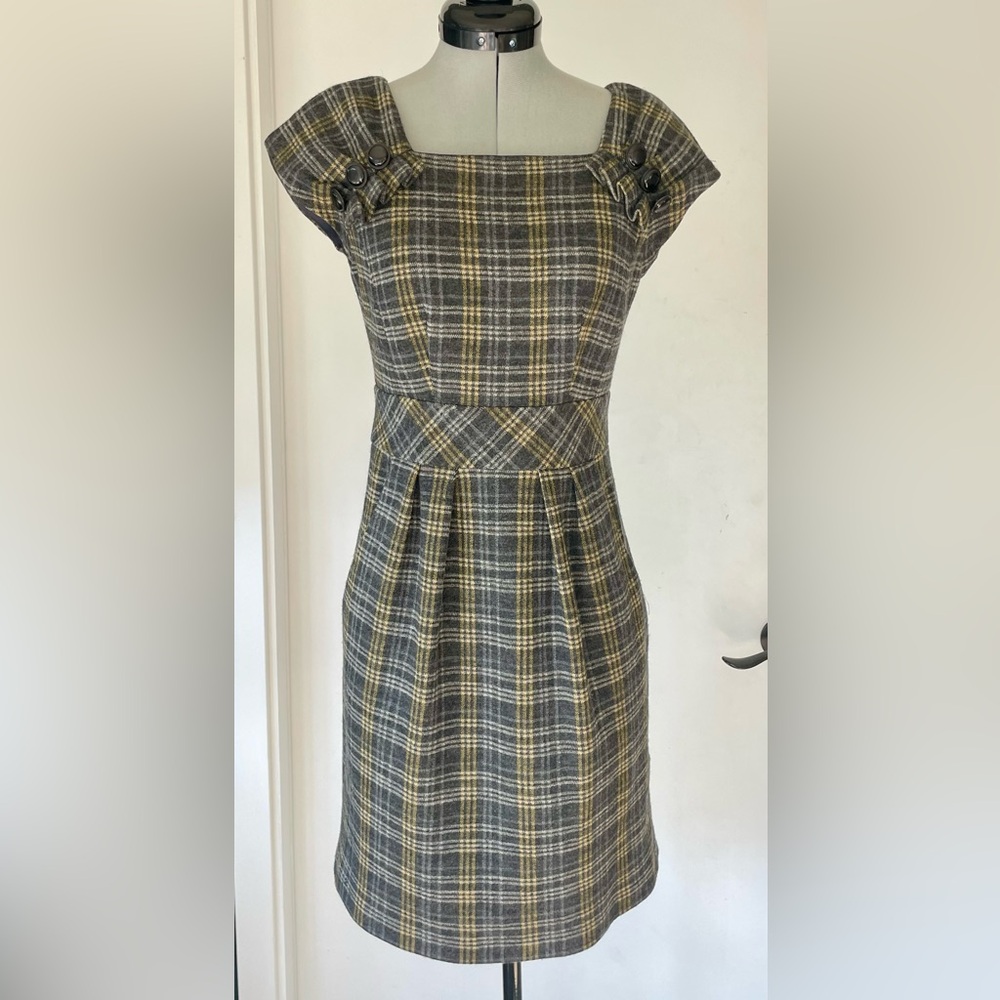 Nanette Lepore wool midi dress, grey/yellow tartan, buttons, cap sleeves, 0